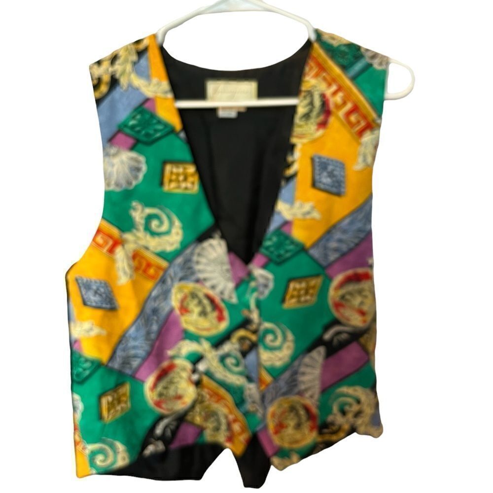 Spenser Jeremy Vest Boho 100% Silk Medium Yellow/green multi color cloth buttons